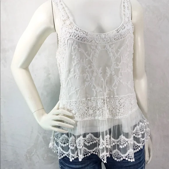 SKIES ARE BLUE WOMENS WHITE LACE & CROCHETED TOP S - Picture 2 of 13